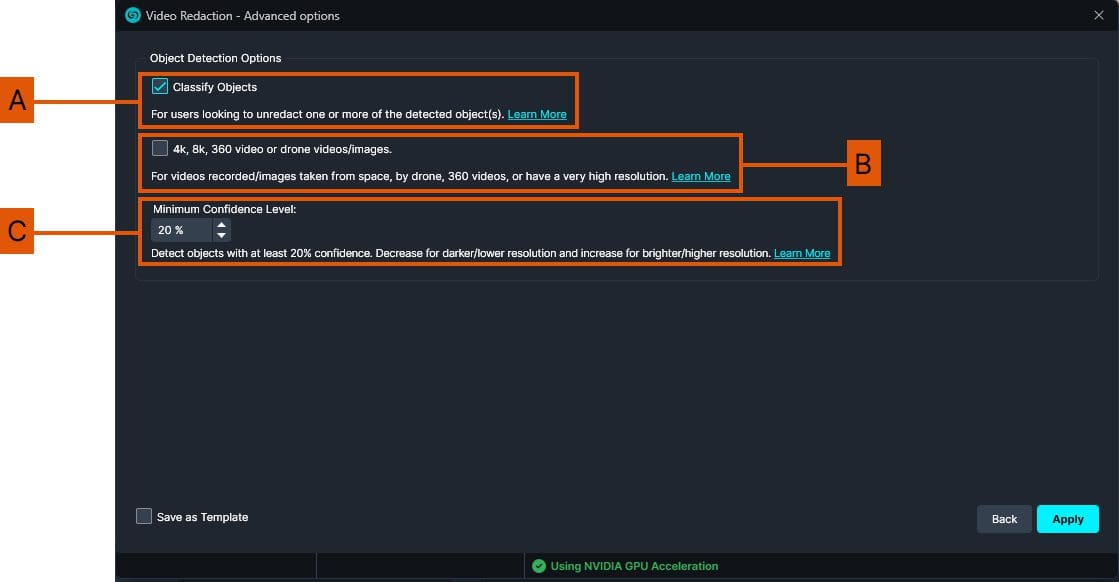 Object Detection Options panel in Studio