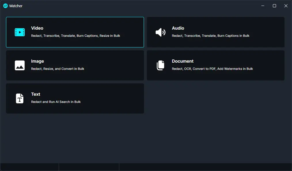 Main Watcher app screen showing six option tiles: Video (highlighted), Audio, Image, Document, and Text for bulk editing tasks.