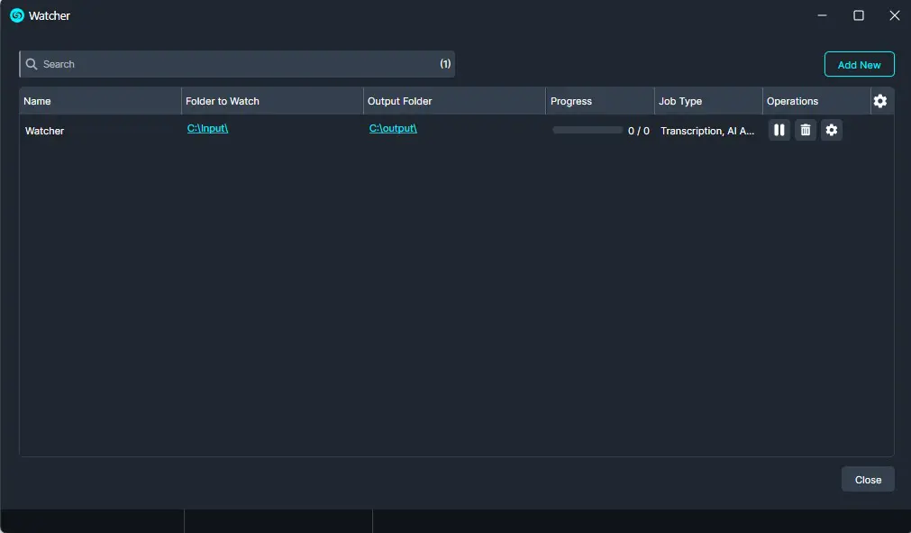 Dark-themed Watcher application window showing a single job named Watcher with input/output folders, a progress bar, job type text, action icons, and Add New/Close buttons.