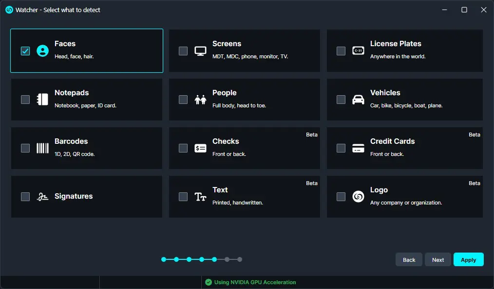 Watcher app window showing detection categories; Faces is selected with a checkmark.