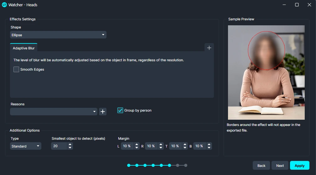 Interface of an image editor showing an elliptical blur applied to a blurred portrait, with a red circular outline around the head in the preview panel.
