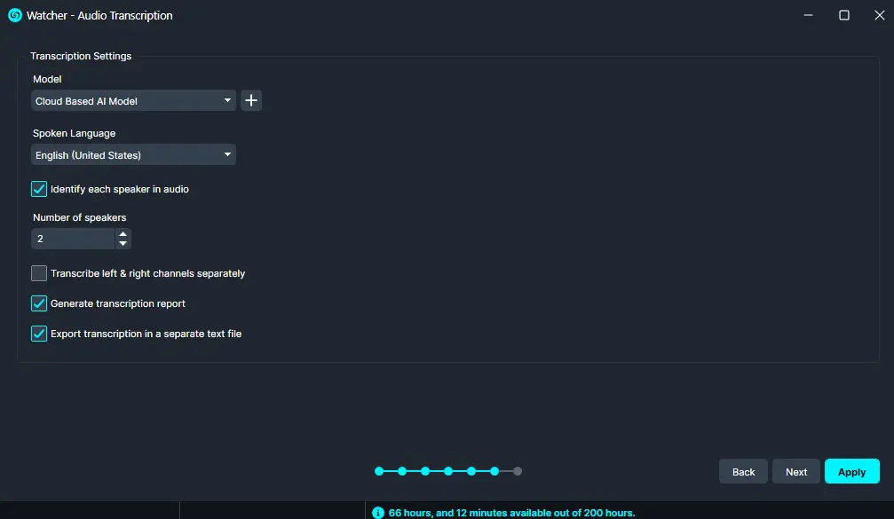 Screenshot of Watcher: Audio Transcription settings panel with model 'Cloud Based AI Model', language 'English (United States)', 'Identify each speaker in audio' enabled, 2 speakers, and options to 'Generate transcription report' and 'Export transcription in a separate text file'; Apply button highlighted.