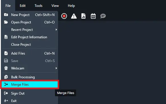 Menu from a dark application with 'Merge Files' highlighted in cyan under the File menu.