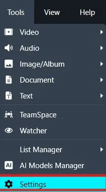 Tools panel with the option for Settings highlighted and red outlined.