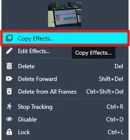 Context menu with multiple options; the highlighted item is 'Copy Effects...'