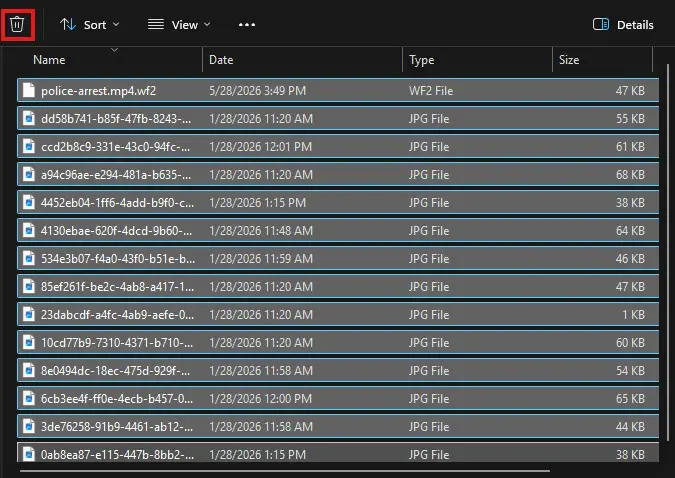 delete-thumbnails | CaseGuard Windows Explorer window showing a list of JPG image files with the Recycle Bin icon highlighted in the toolbar on the left.