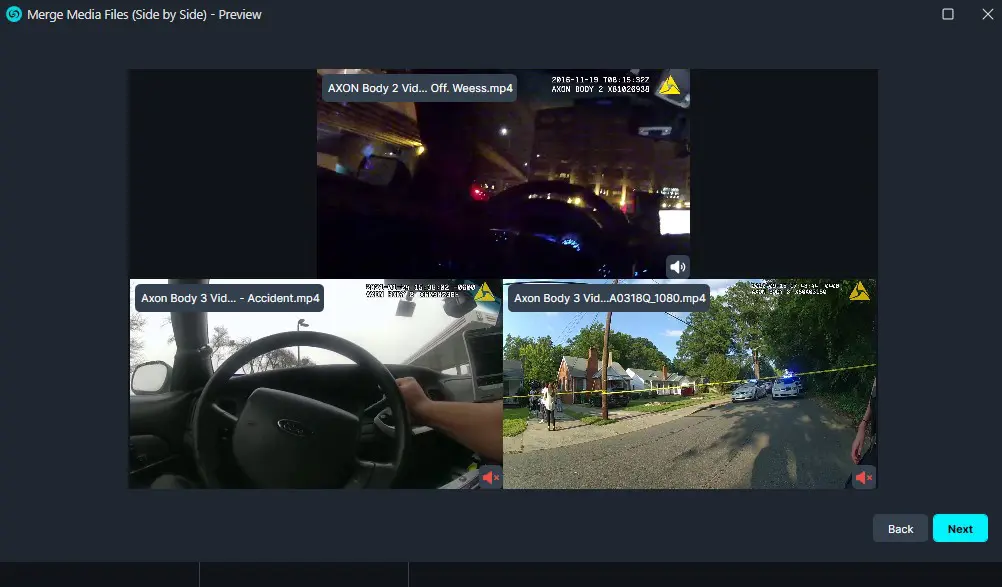 Screenshot of a video editor preview with a four-panel side-by-side layout: car interior steering wheel, a dark nighttime driving frame, and a street scene with police cars and yellow tape, plus labeled video thumbnails at the top.