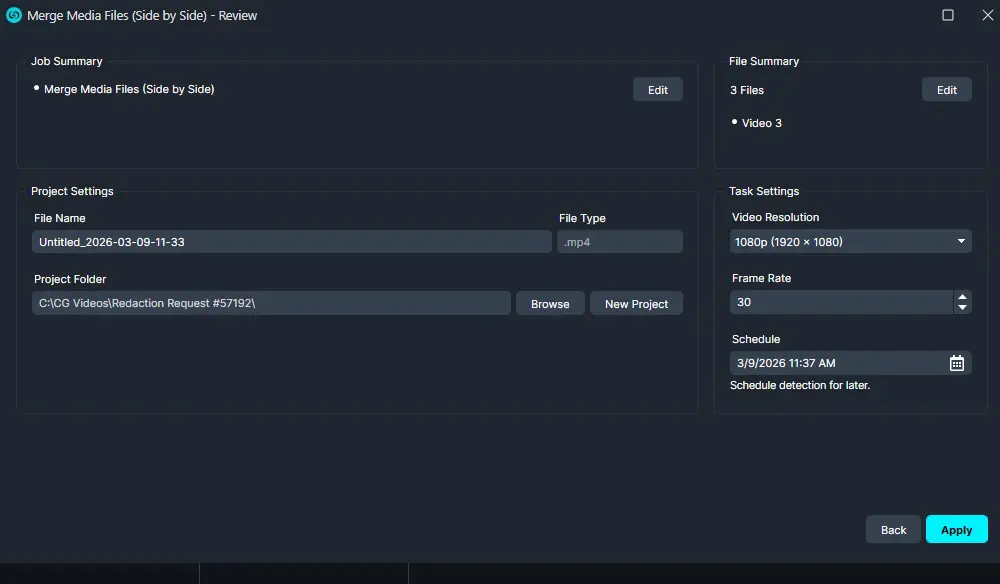 Review window for merging media side-by-side; shows project settings, file path, 1080p, 30fps, and schedule with Apply button highlighted.
