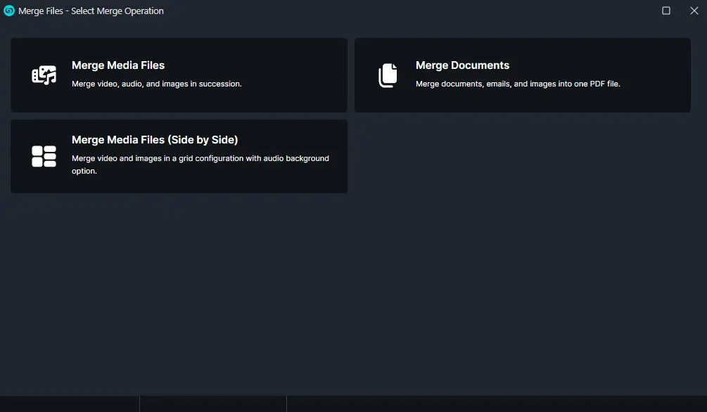 Merge Files dialog showing three options: Merge Media Files, Merge Documents, and Merge Media Files (Side by Side).
