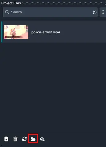 project-folder | CaseGuard UI screenshot of a file explorer panel showing a video file named police-arrest.mp4, with a small thumbnail and a folder button highlighted in red at the bottom