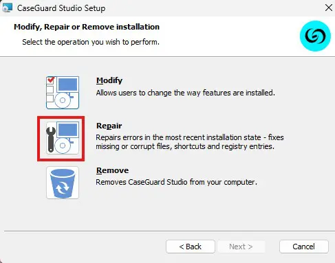 CaseGuard Studio Setup window showing Modify, Repair, or Remove installation options, with Repair highlighted in red on the left icon panel; instructional text above.