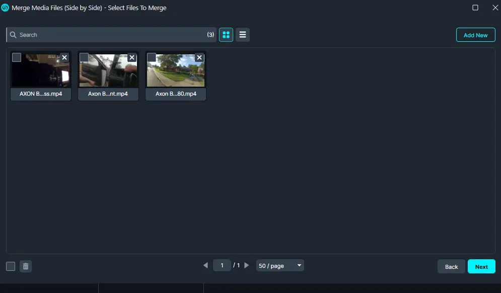 Merge Media Files window (dark theme) with three video thumbnails and small X close icons; bottom shows Back and Next controls.