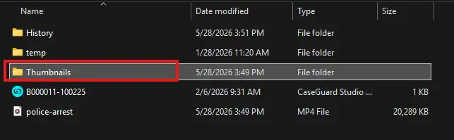 thumbnail | CaseGuard Windows Explorer: 'Thumbnails' folder selected among History and temp folders, with files listed below (B00011-100225 and police-arrest).