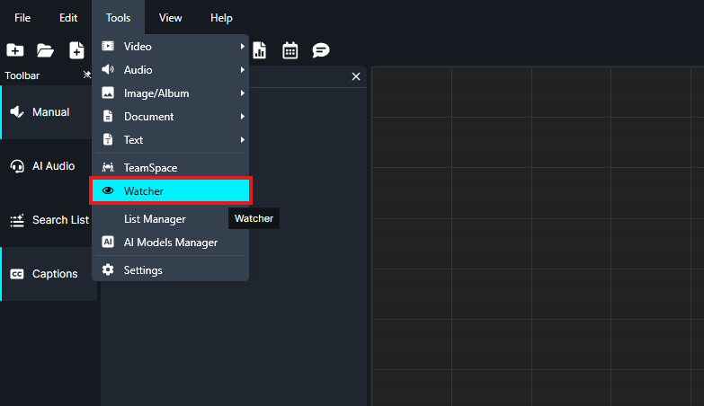 Dark UI with Tools menu open; Watcher option is highlighted in blue with a red outline in the left panel of a software editor.