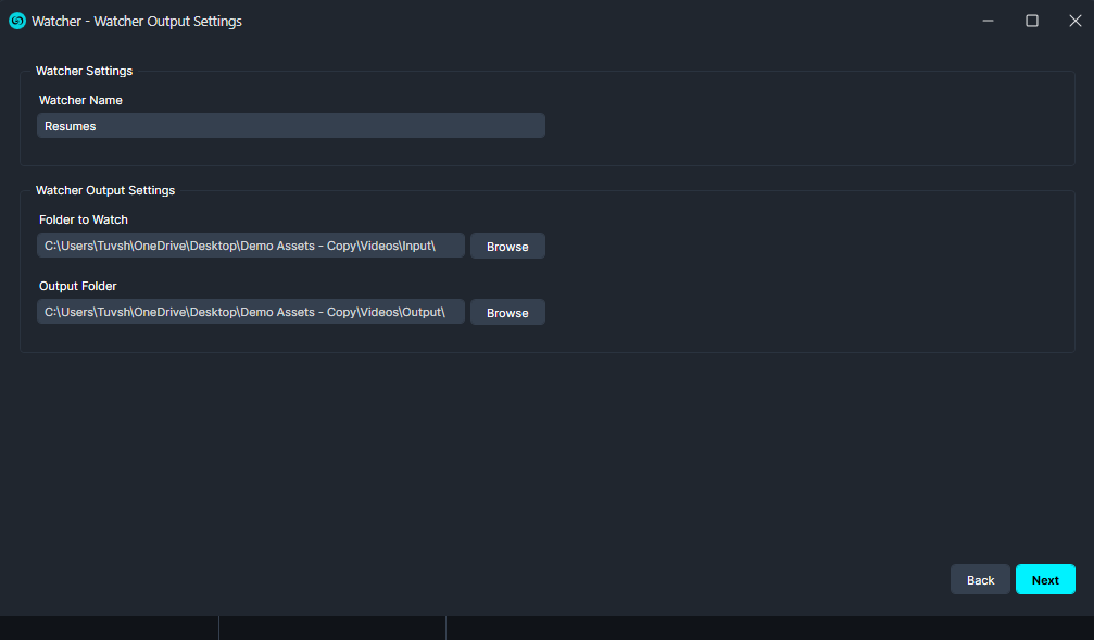 Settings screen: Watcher named 'Resumes' with Folder to Watch and Output Folder fields and Browse buttons.