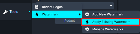 Tools menu expanded to Watermark; 'Apply Existing Watermark' is highlighted in the submenu.