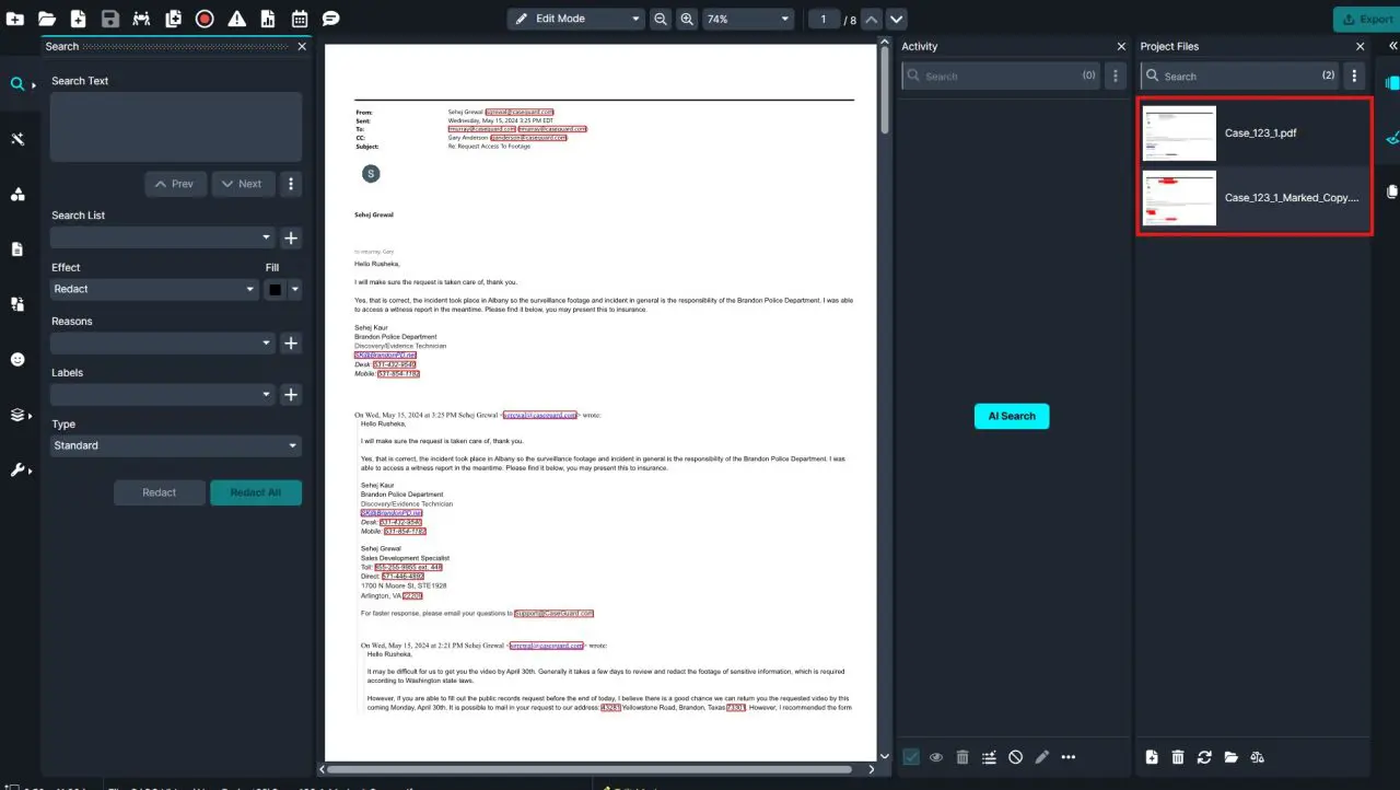 Dark-themed document review app showing a redacted email document in the center, with search/filters on the left and two case PDFs in the right panel.