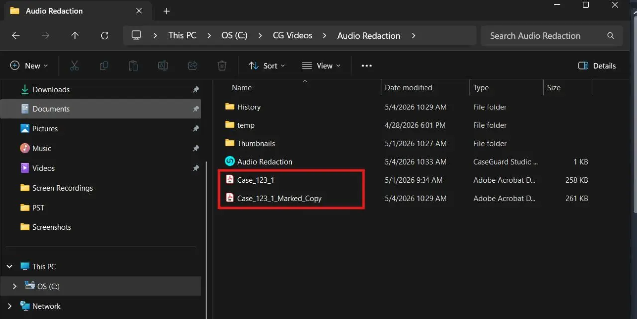 Windows Explorer showing Audio Redaction folder on C: drive; two PDF files selected: Case_123_1 and Case_123_1_Marked_Copy