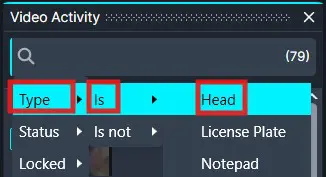 Screenshot of a video-activity filter panel with a search box and token row: Type is Head; Status is not; examples include License Plate and Notepad.