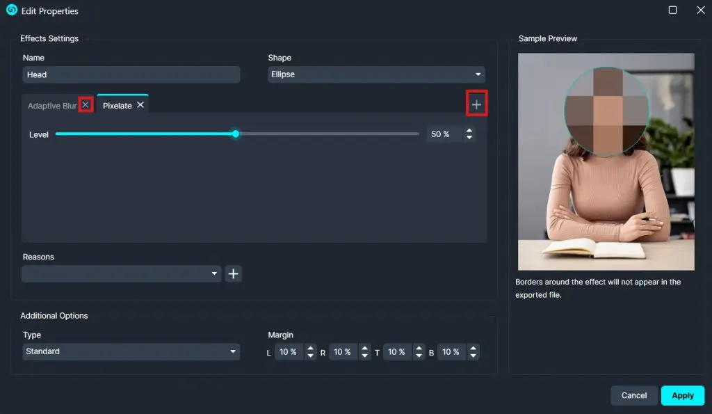 Effects Settings panel showing Pixelate applied to a circular area over a blurred face in the sample preview.