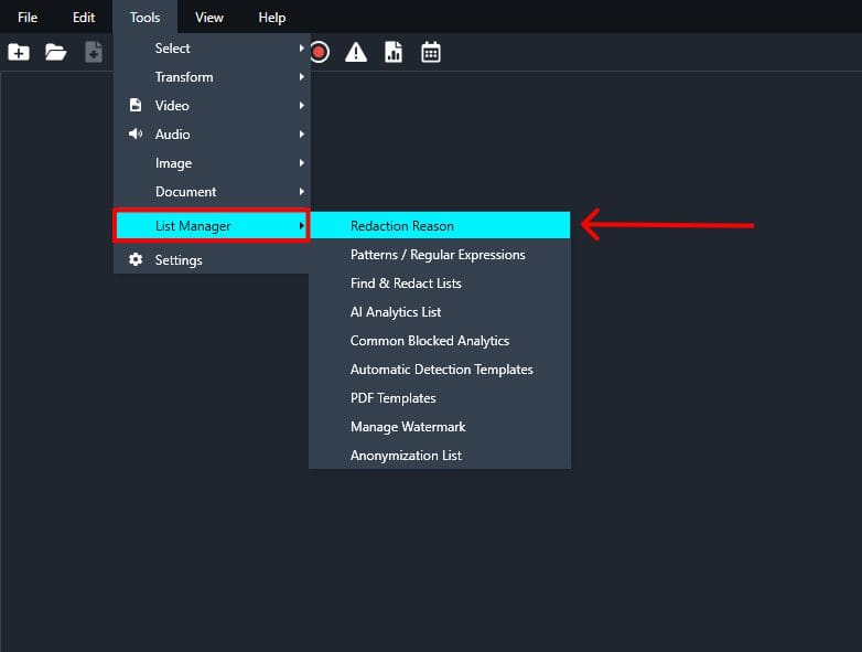 open the list manager and redaction reason option