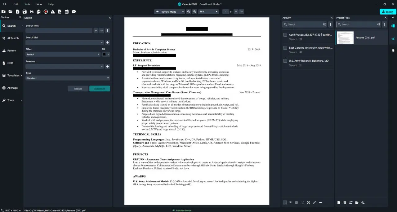 Screenshot of a resume document open in a dark PDF/editor UI with side panels visible on both sides and toolbar at top.
