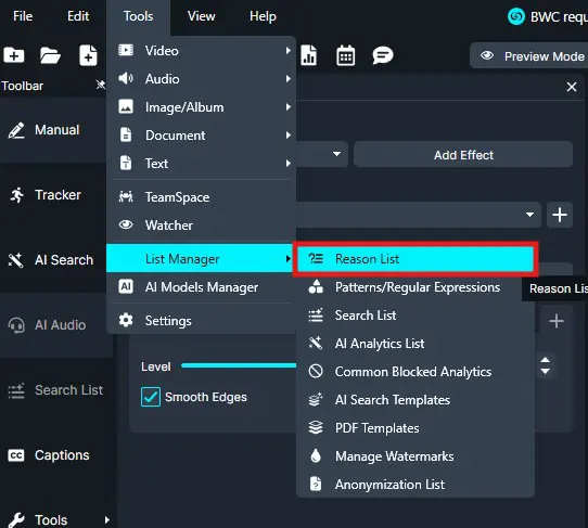 Screenshot of a dark software UI with Tools menu open; Highlighted path List Manager > Reason List in cyan box and a side panel visible in the background.