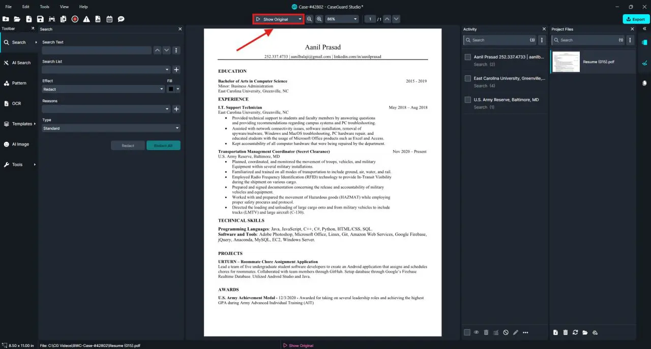 Dark-themed PDF editor UI displaying a résumé in the center; top toolbar shows 'Show Original' highlighted.