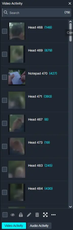 Screenshot of a dark 'Video Activity' panel with a search bar at the top and a scrollable list of items, each showing a small thumbnail, a title like 'Head 468' or 'Notepad 470', and a blue view count in parentheses. The bottom shows action icons and two tabs: Video Activity (selected) and Audio Activity.