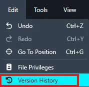 edit-version-history | CaseGuard Screenshot of a software menu with tabs Edit, Tools, View; the Version History option is highlighted/selected.