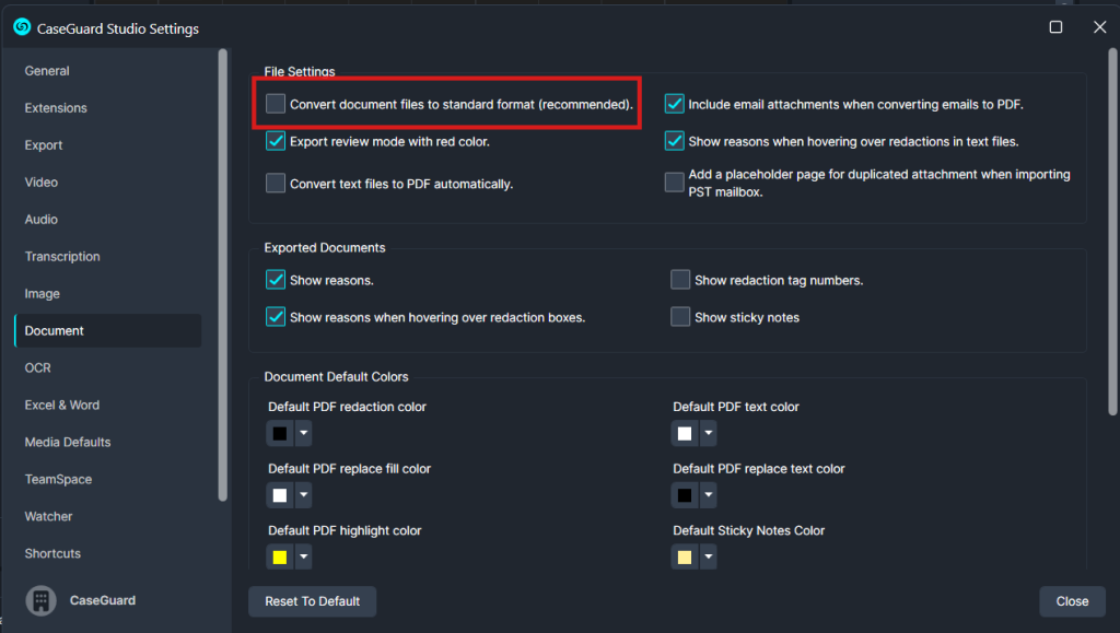 Document-Settings-File | CaseGuard CaseGuard Studio Settings: Document options panel with a highlighted, unchecked box labeled 'Convert document files to standard format (recommended)'.