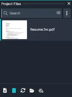 caseguard-delete-file-in-project-files | CaseGuard Project Files panel showing a thumbnail of a PDF named 'Resume1pr.pdf' selected.