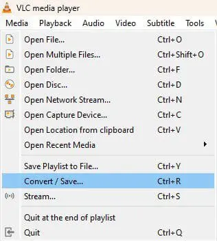 Screenshot of VLC media player menu with the Convert / Save... option highlighted (Ctrl+R), showing items like Open File, Open Folder, Save Playlist to File, and Stream.