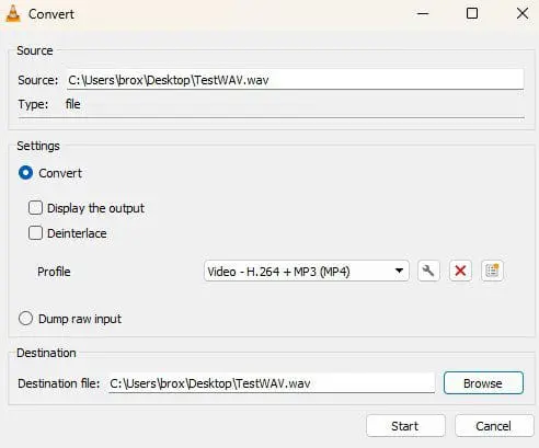 Screenshot of a file converter UI: shows Source WAV file, Destination path, and a profile 'Video - H.264 + MP3 (MP4)' for converting to MP4.