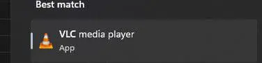 Search results panel shows Best match: VLC media player app (VLC cone icon)