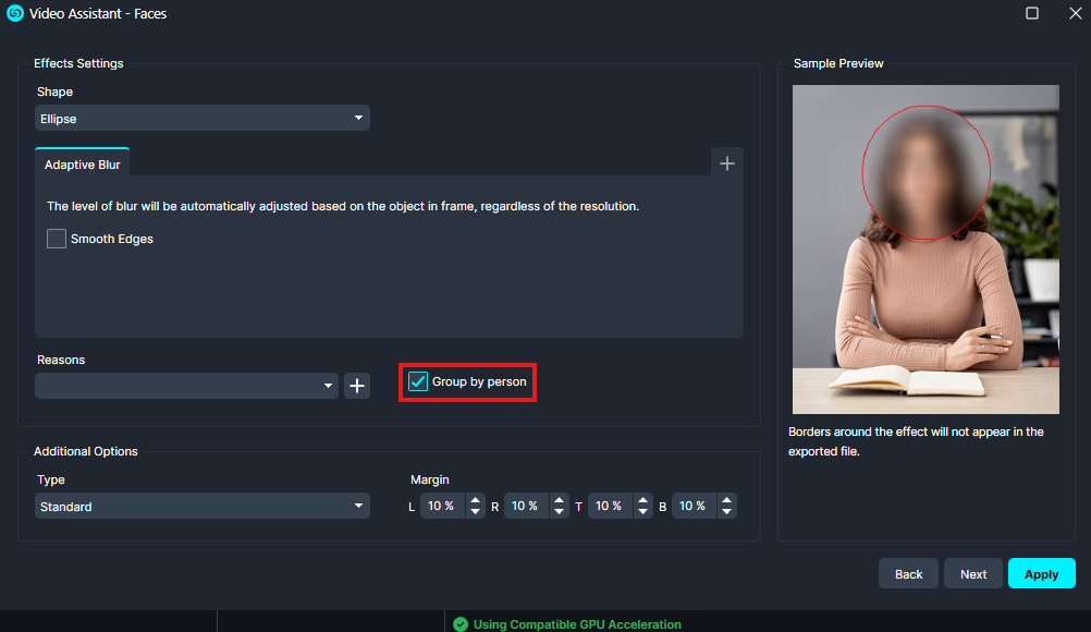 Screenshot of video editing UI showing a face-blur tool with Shape set to Ellipse and 'Group by person' checked.