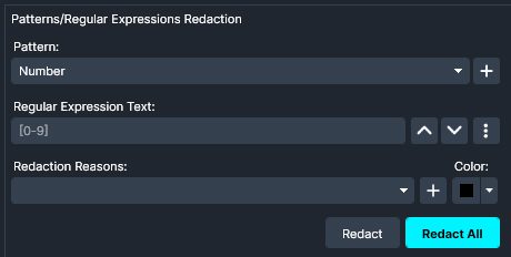 Patterns/Regular Expressions Redaction Panel in CaseGuard Studio