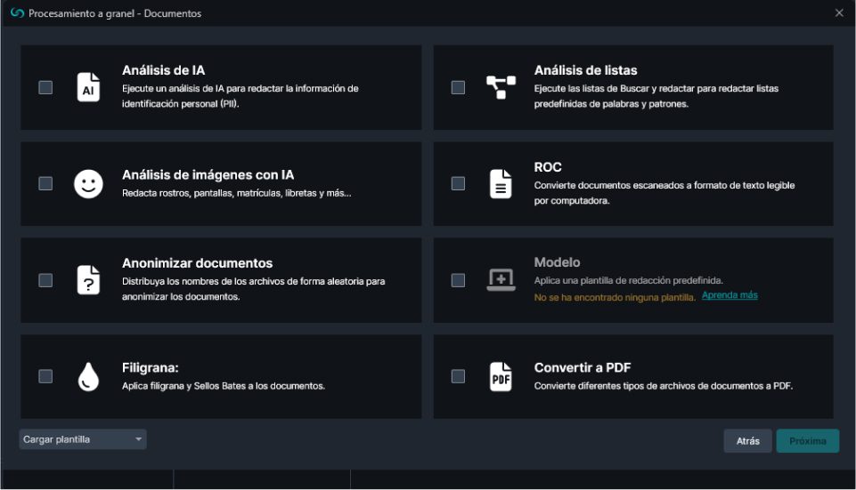 Bulk processing documents options in Spanish