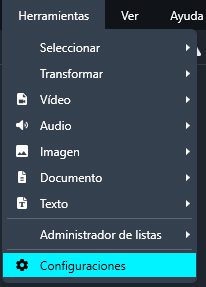 Tools drop-down menu with Settings highlighted in Spanish Software