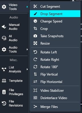 The Drop Segment option in the Video Tools dropdown