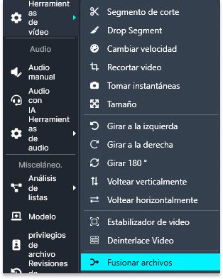 Video tools dropdown with Merge files highlighted in Spanish