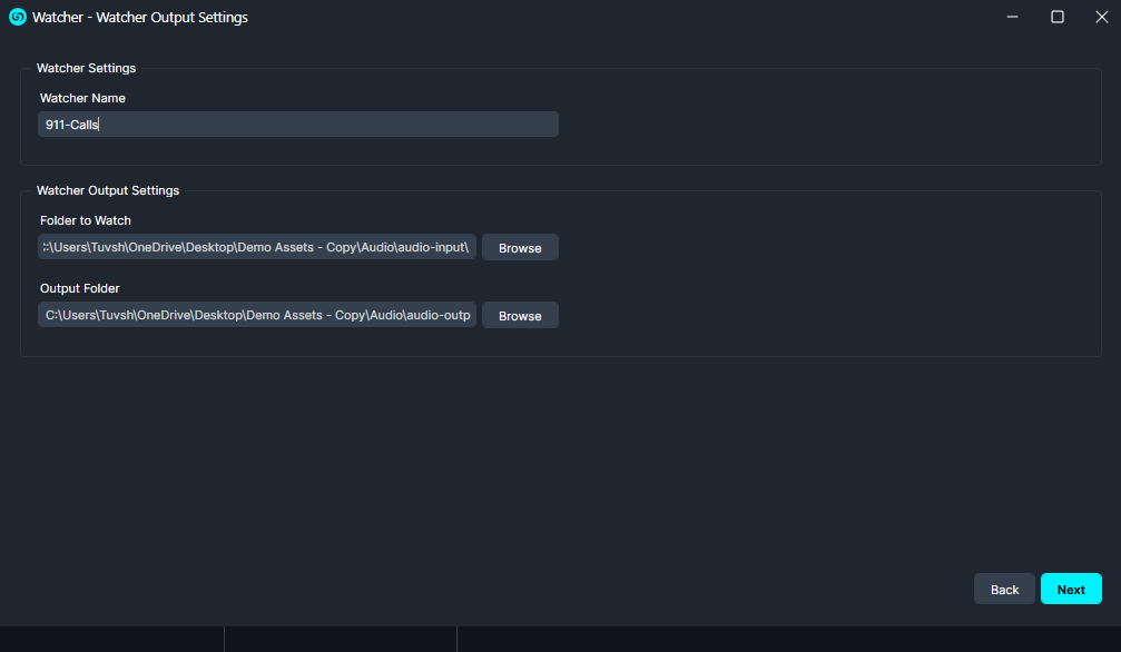 watcher-setup | CaseGuard Watcher Settings window: name set to 911-Calls; folders to watch and output with Browse buttons; Back/Next at bottom.