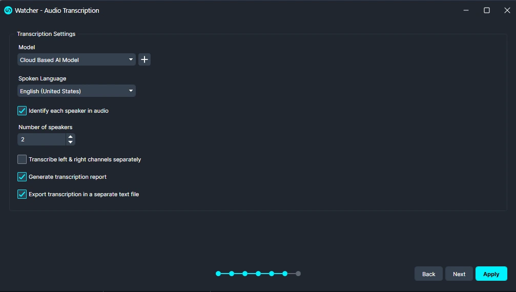 watcher-transcription-settings | CaseGuard Transcription settings dialog: Cloud AI model, English (US), identify 2 speakers, generate report, export to text file, with Back/Next/Apply controls.