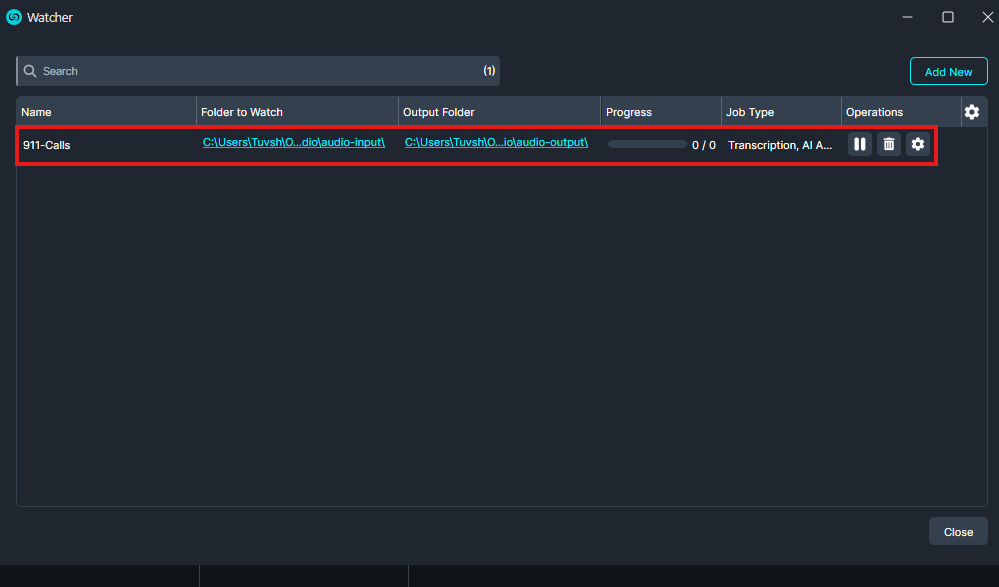 watcherpanel | CaseGuard Watcher app: single job row '911-Calls' highlighted, showing input/output folders and action icons in a dark UI.