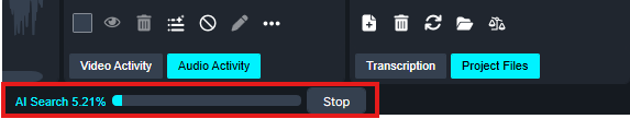 Progress bar labeled 'AI Search 5.21%' with a Stop button beside it in a dark app interface.