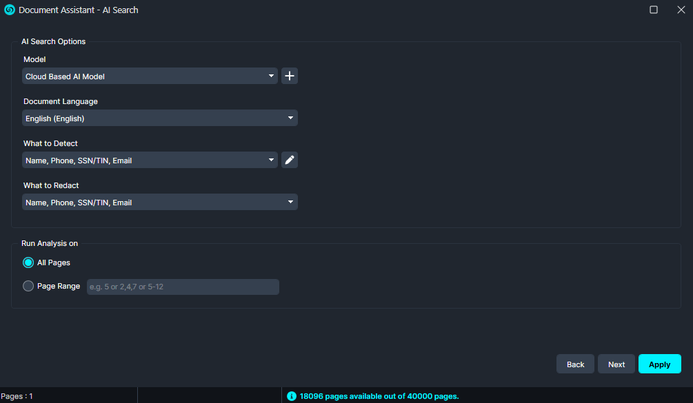ai-search-doc | CaseGuard Screenshot of Document Assistant AI Search settings panel: Cloud Based AI Model, English language, detect/redact fields (Name, Phone, SSN/TIN, Email), All Pages selected, Apply button visible, with Back/Next controls and status bar showing pages.