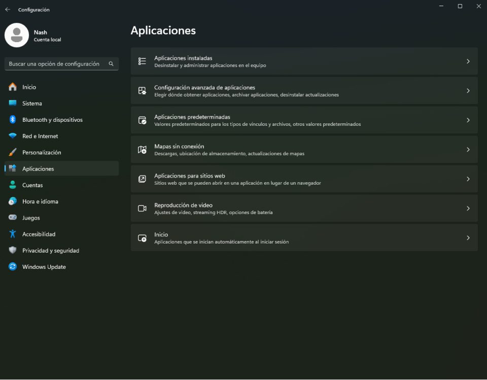Windows Settings Applications in Spanish