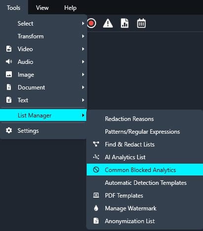 Common Blocked Analytics in the List Manager dropdown