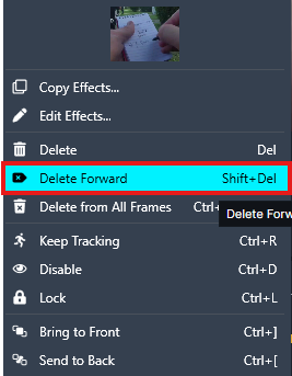 Screenshot of a software context menu with several options; 'Delete Forward' is highlighted/selected (Shift+Del).