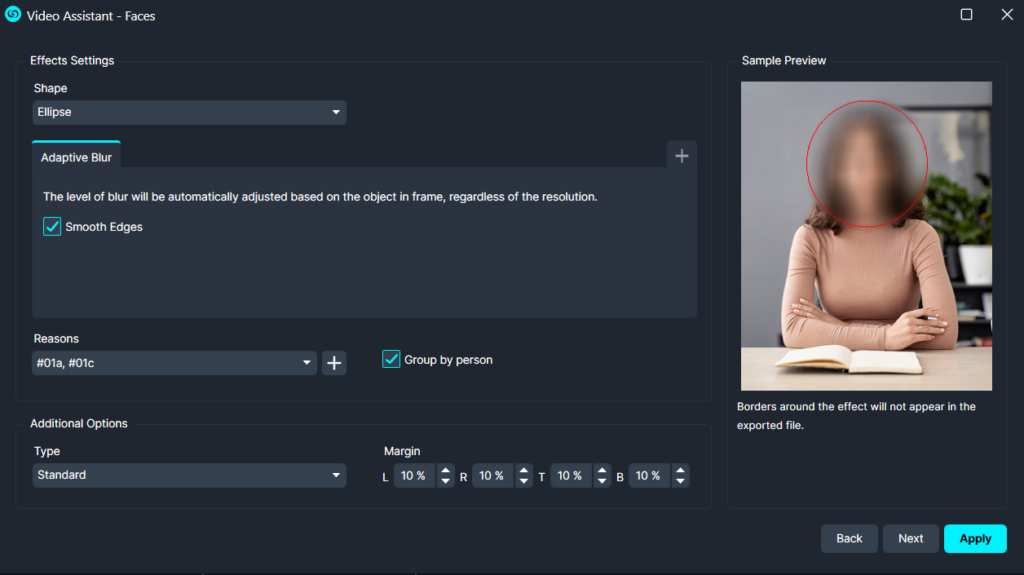 Screenshot of Video Assistant - Faces settings panel with Ellipse shape and Adaptive Blur option; sample preview shows a blurred person with a red outline on the face area.